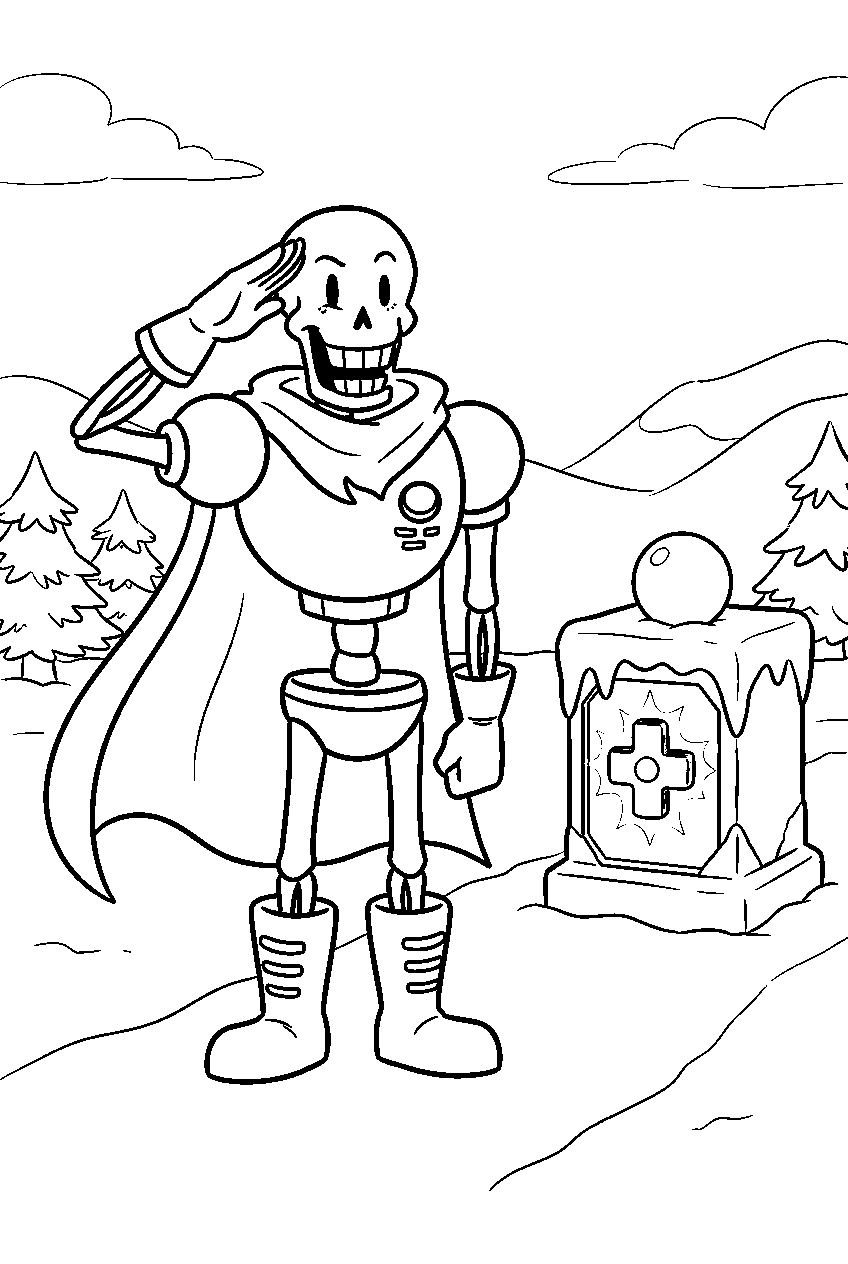 undertale papyrus saluting near a snowdin puzzle line art