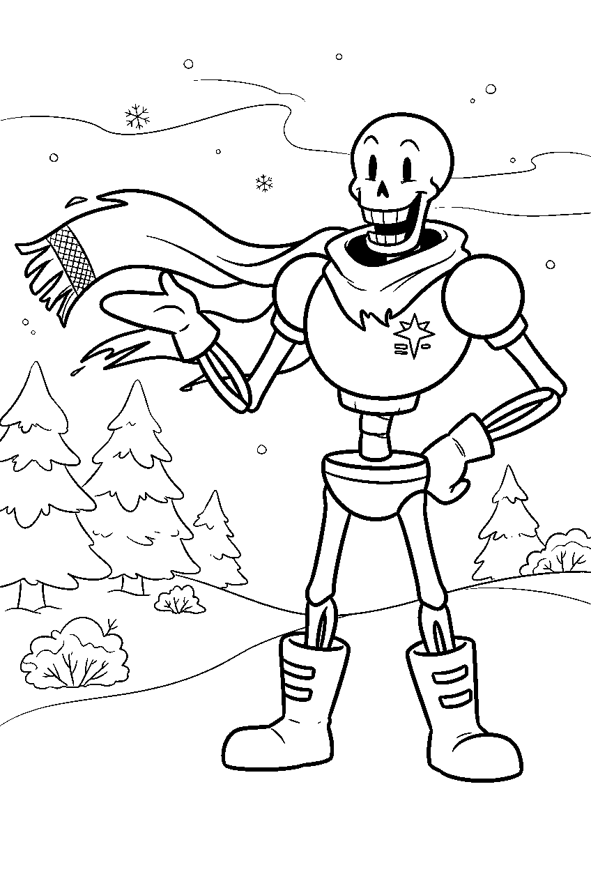 undertale papyrus showing off his scarf in snowdin line art