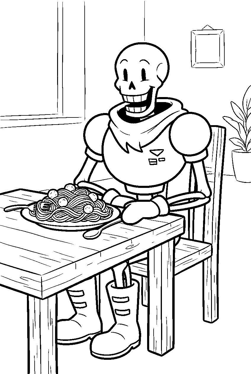 undertale papyrus sitting at a table with spaghetti line art