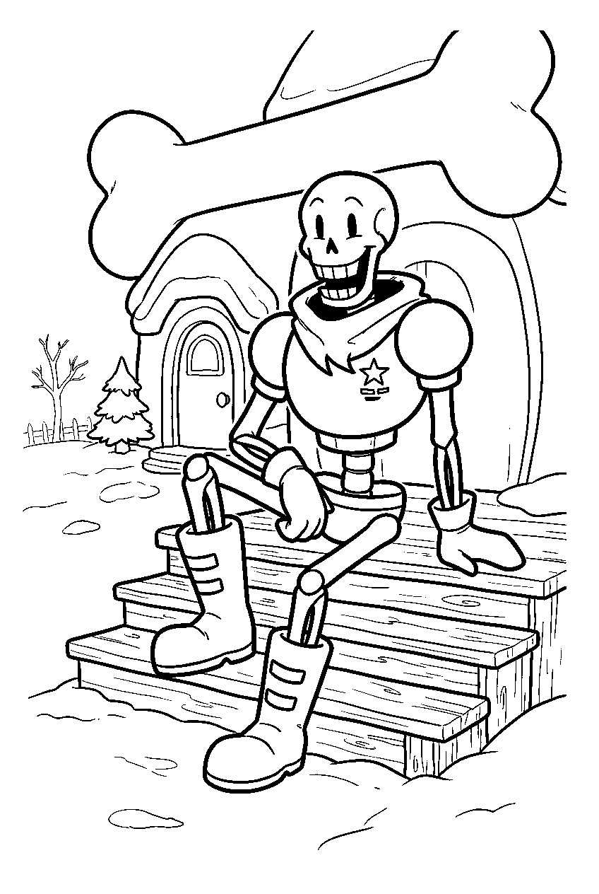 undertale papyrus sitting on the steps of his snowdin house line art