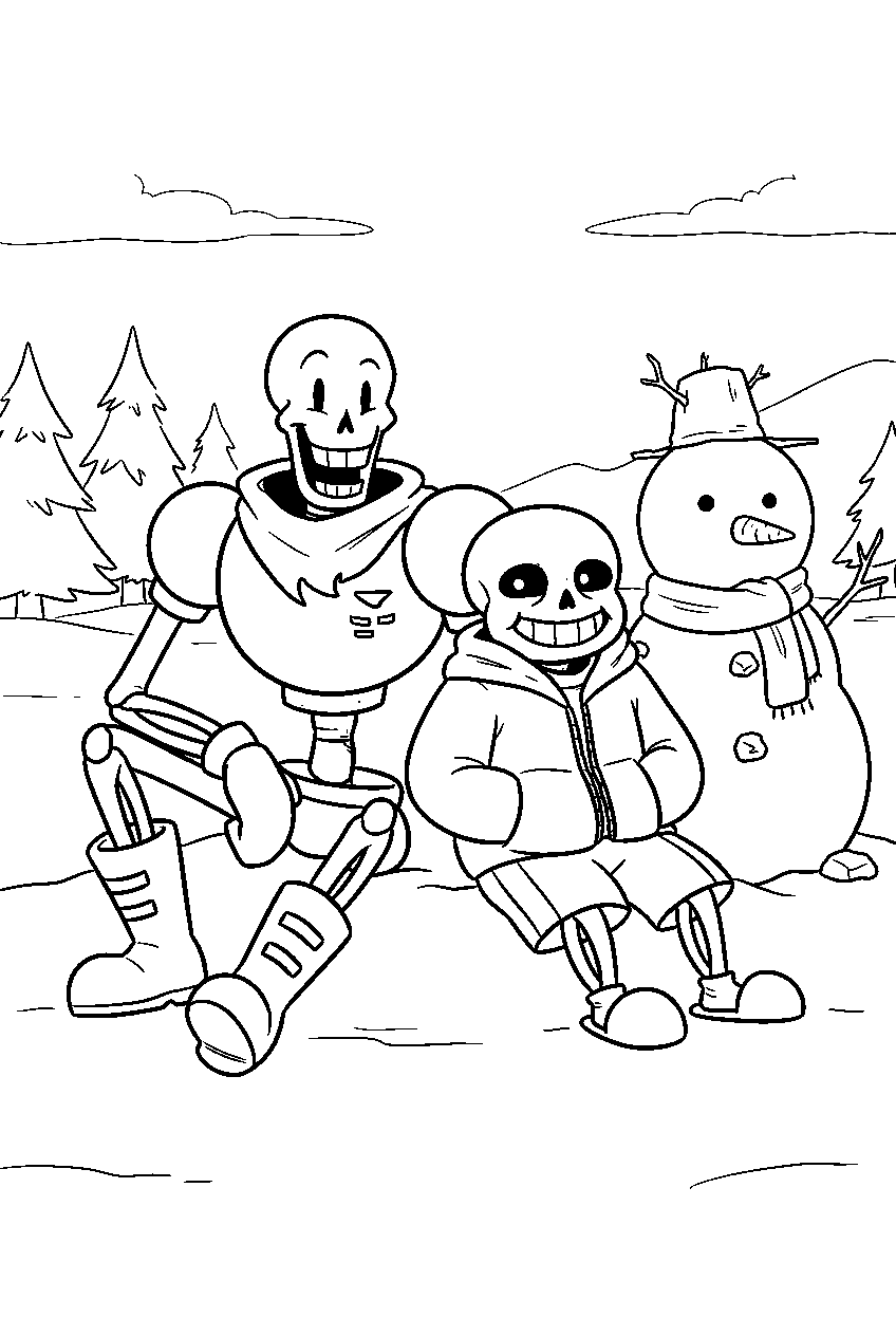undertale papyrus sitting with sans beside a snowman line art