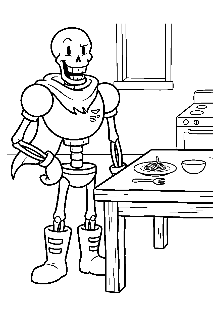 undertale papyrus standing beside a kitchen table line art