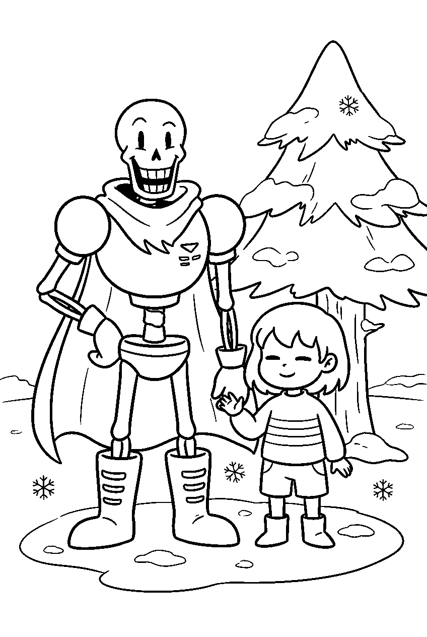 undertale papyrus standing with frisk beside a snowy tree line art