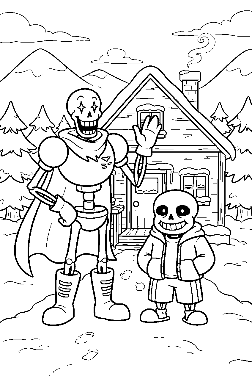 undertale papyrus standing with sans outside their snowdin house line art