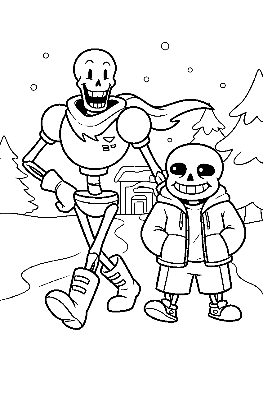 undertale papyrus walking with sans through snowdin line art