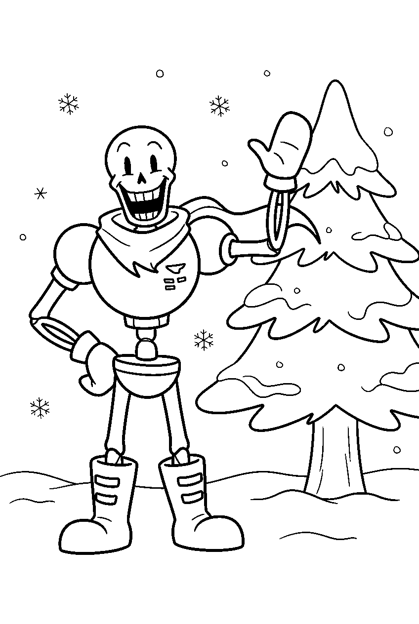 undertale papyrus waving beside a snowy tree line art