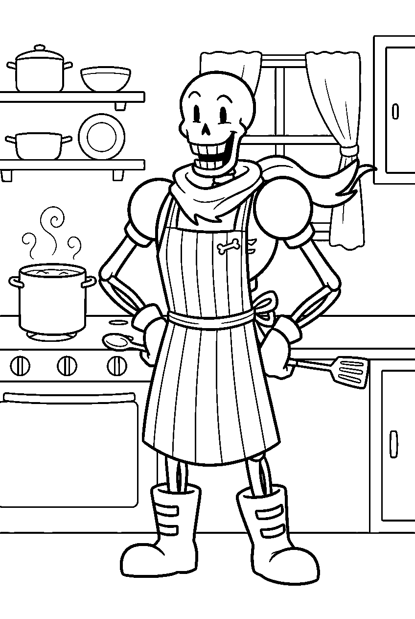 undertale papyrus wearing an apron in his kitchen line art