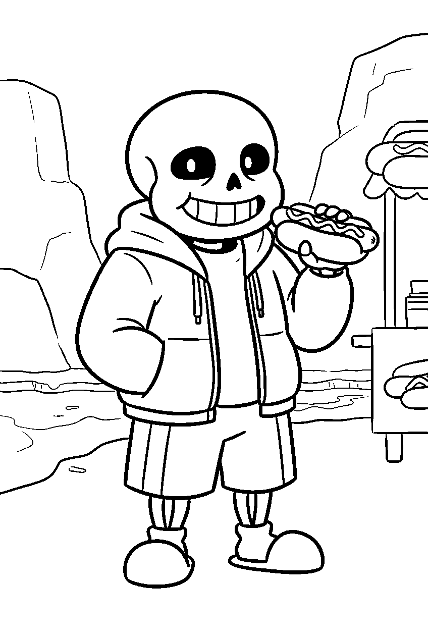 undertale sans eating a hot dog in hotland line art