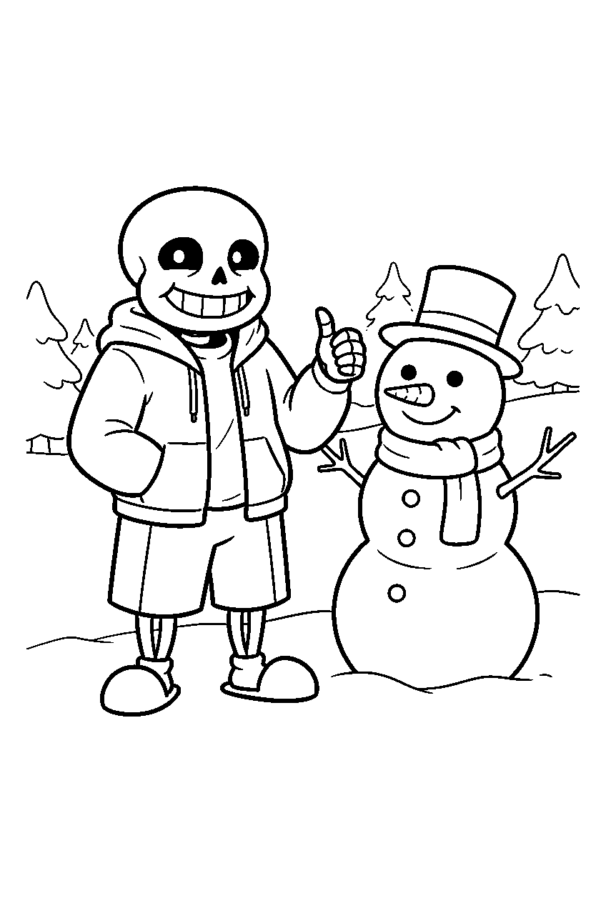 undertale sans giving a thumbs up beside a snowman line art