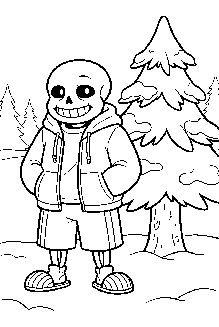 undertale sans hands in pockets beside a snowy tree line art