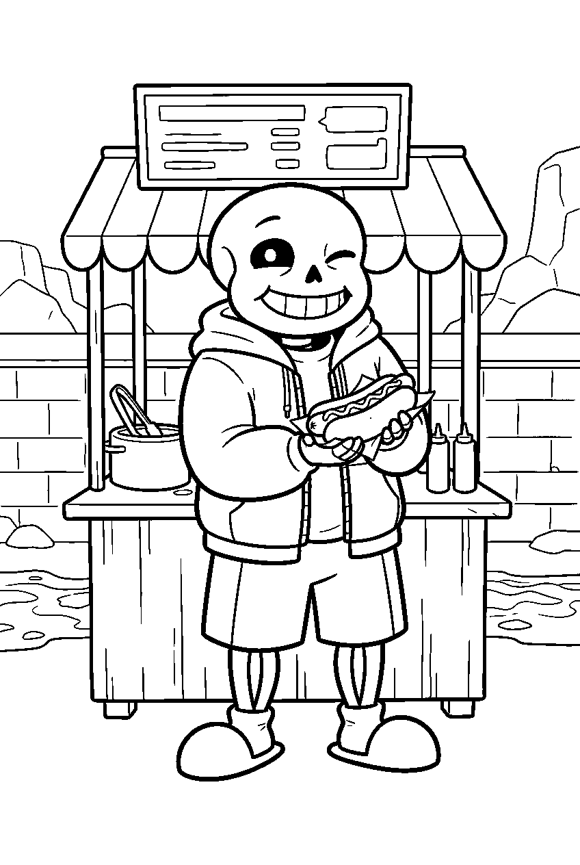 undertale sans holding a hot dog at a hotland stand line art