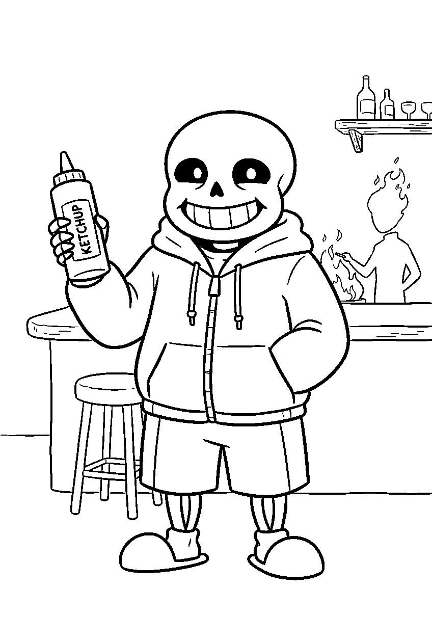 undertale sans holding a ketchup bottle at grillby s line art