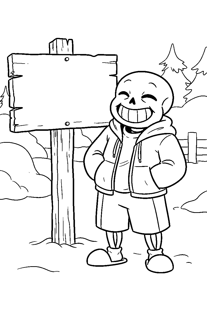undertale sans laughing beside a snowdin sign line art