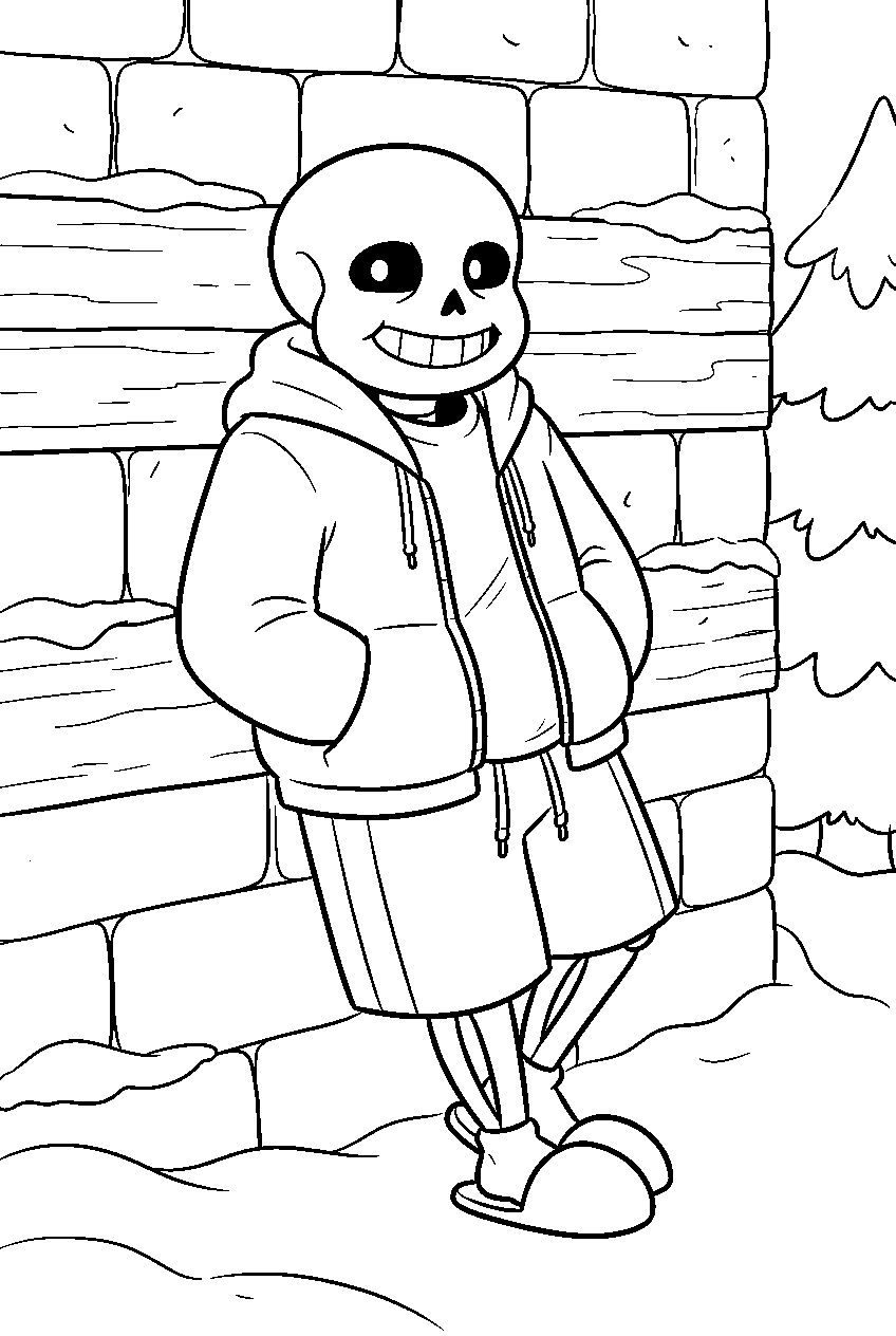 undertale sans leaning against a wall in snowdin line art