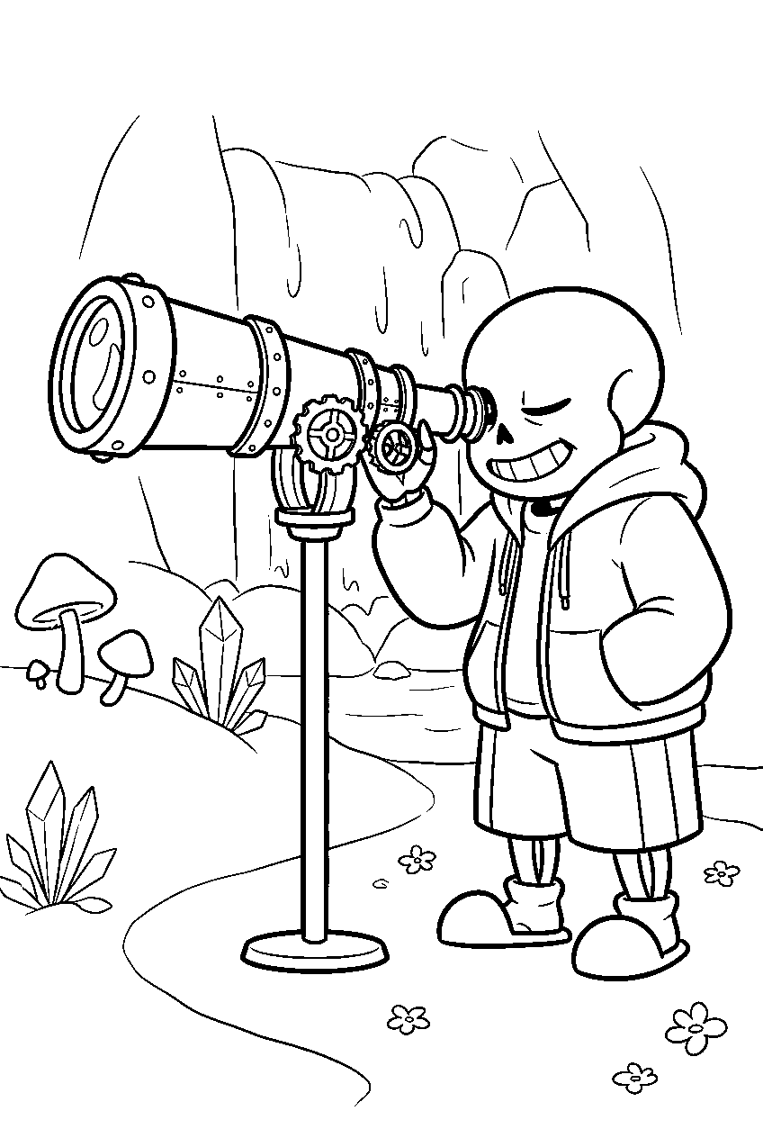 undertale sans looking through a telescope in waterfall line art