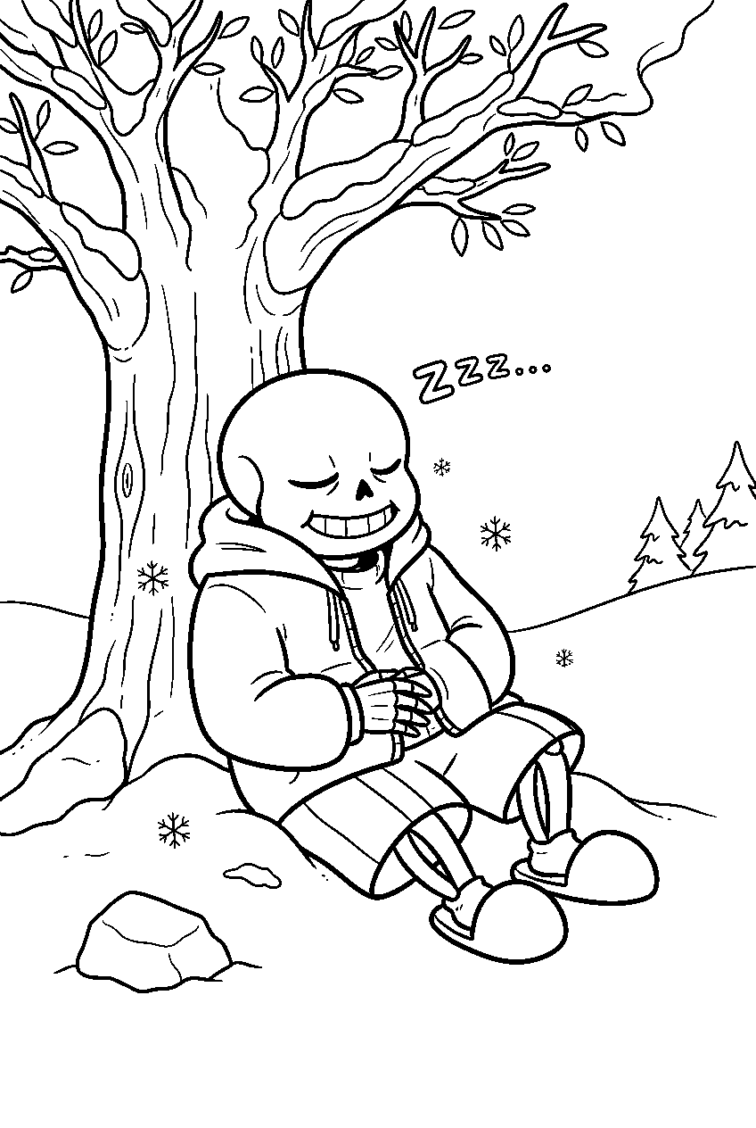 undertale sans napping under a snowy tree line art