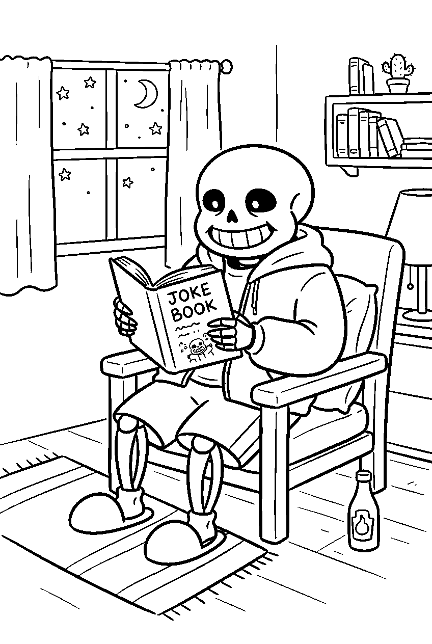 undertale sans reading a joke book at home line art