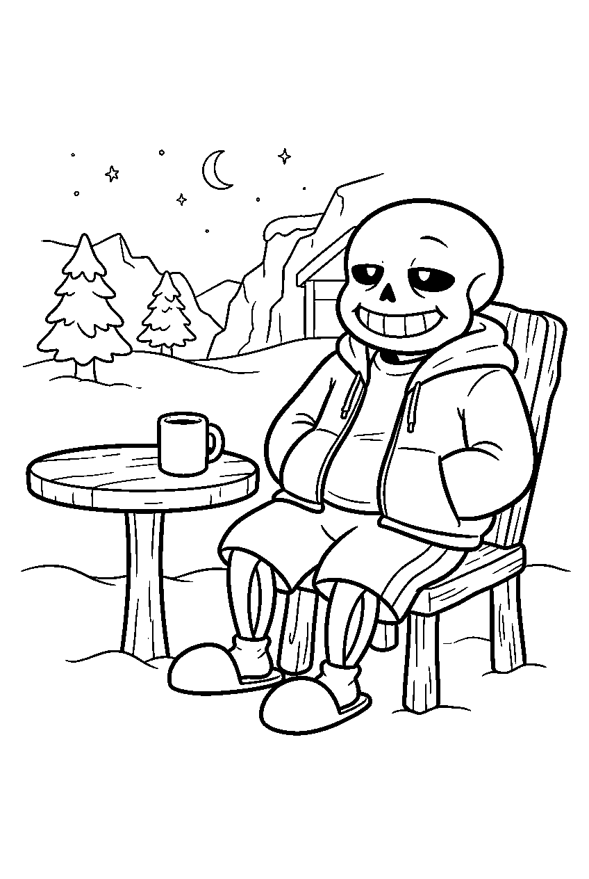 undertale sans relaxing beside a small table in snowdin line art