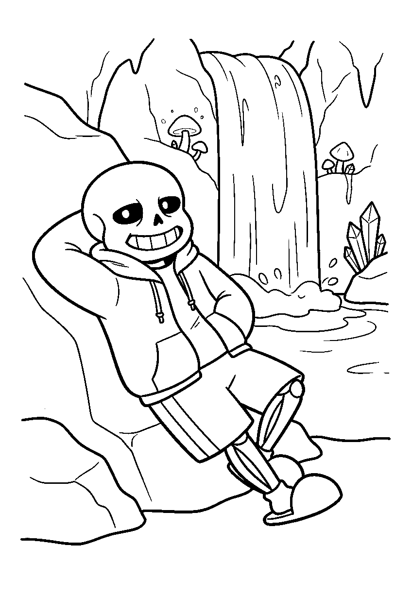undertale sans resting beside a waterfall line art