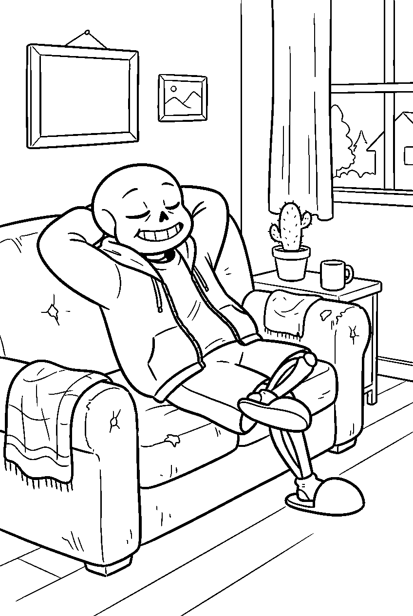 undertale sans resting on a couch at home line art