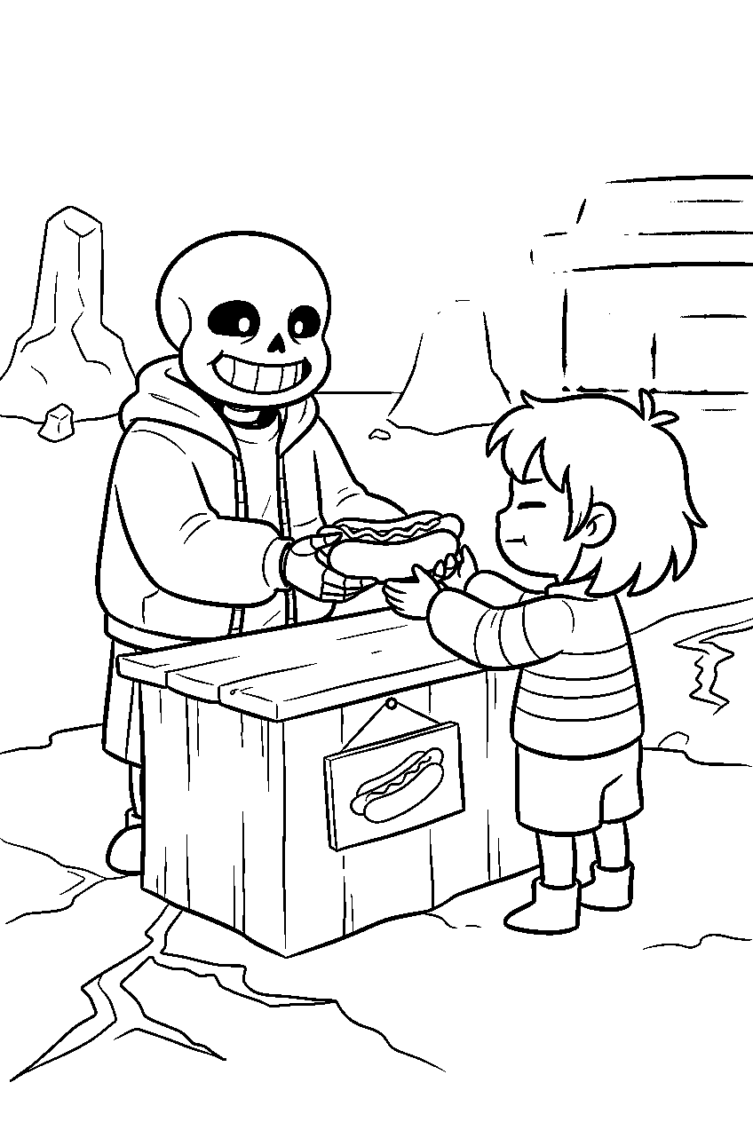 undertale sans serving a hot dog to frisk in hotland line art