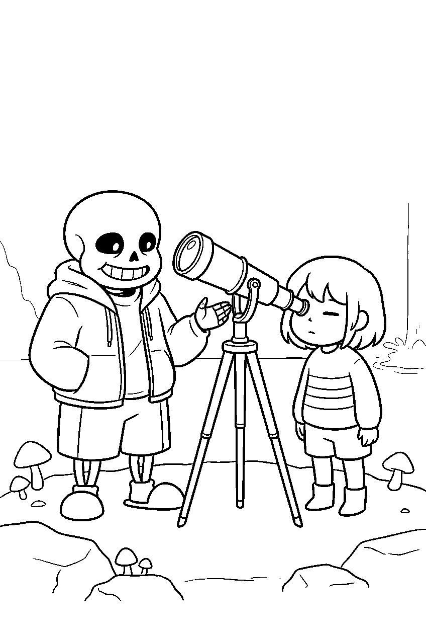 undertale sans showing frisk a telescope in waterfall line art