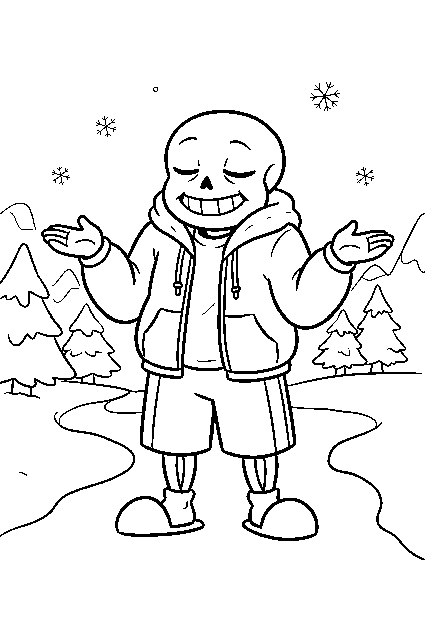 undertale sans shrugging on a snowdin path line art