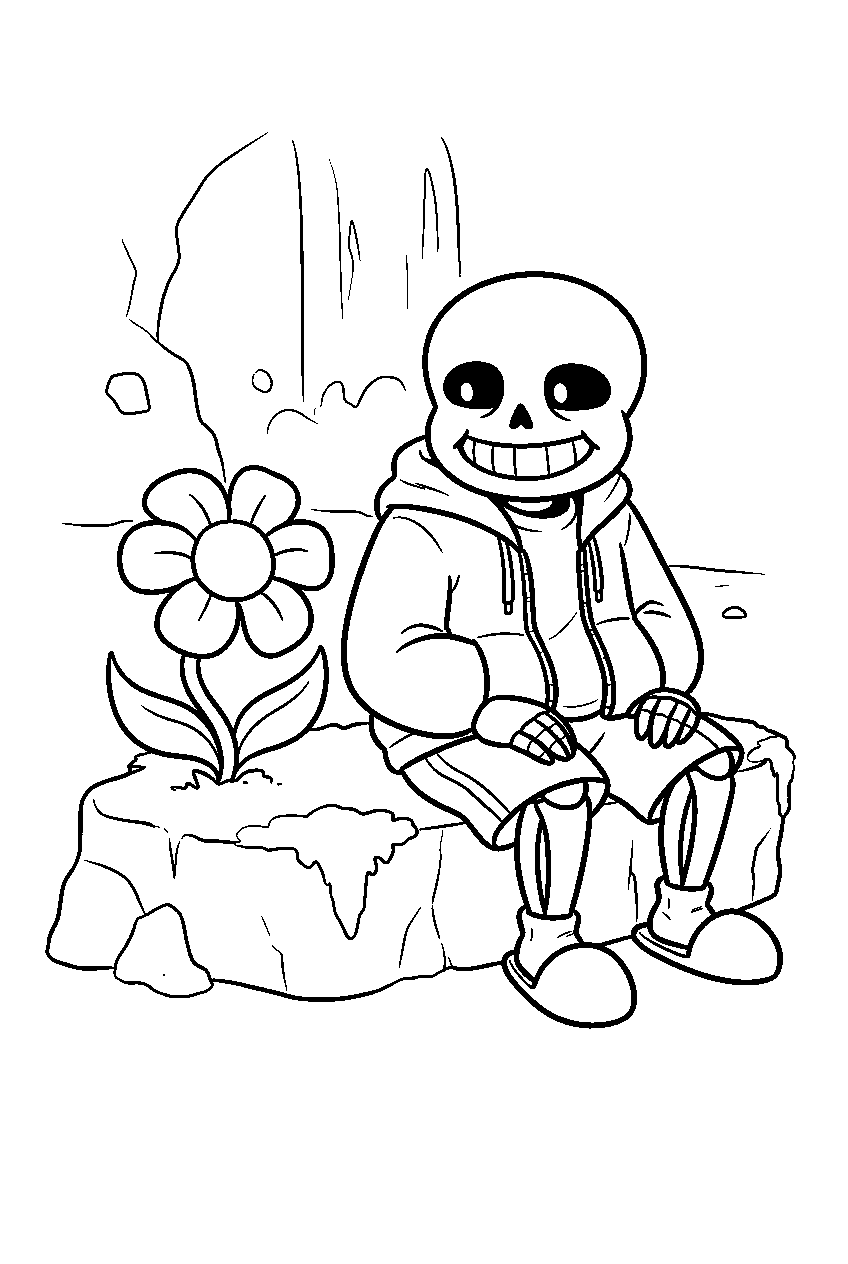 undertale sans sitting beside an echo flower in waterfall line art