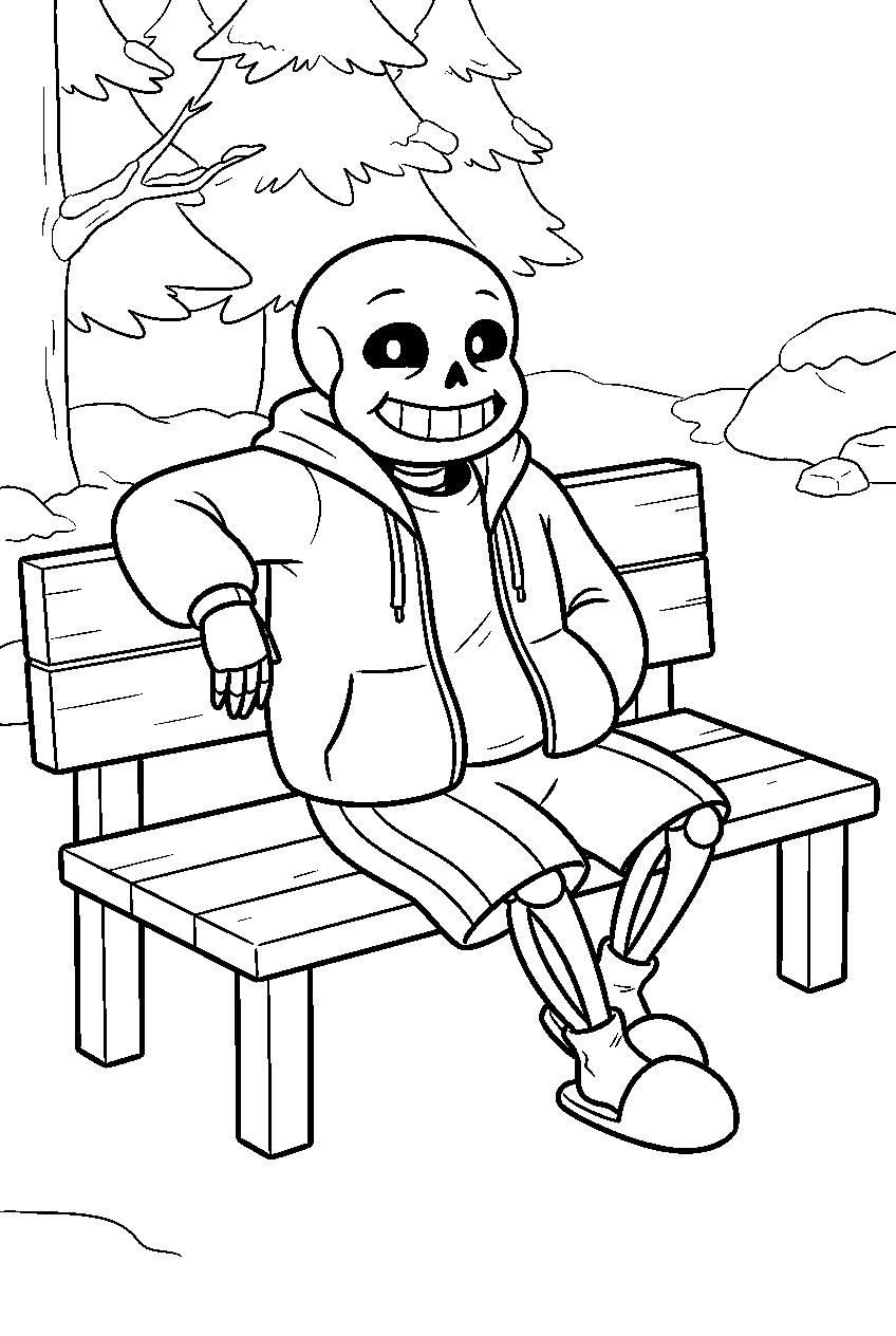 undertale sans sitting on a bench in snowdin line art