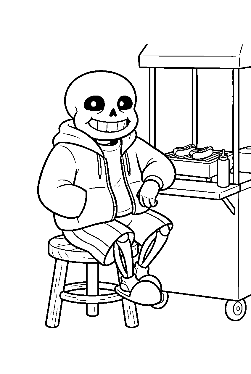undertale sans sitting on a stool at his hot dog stand line art