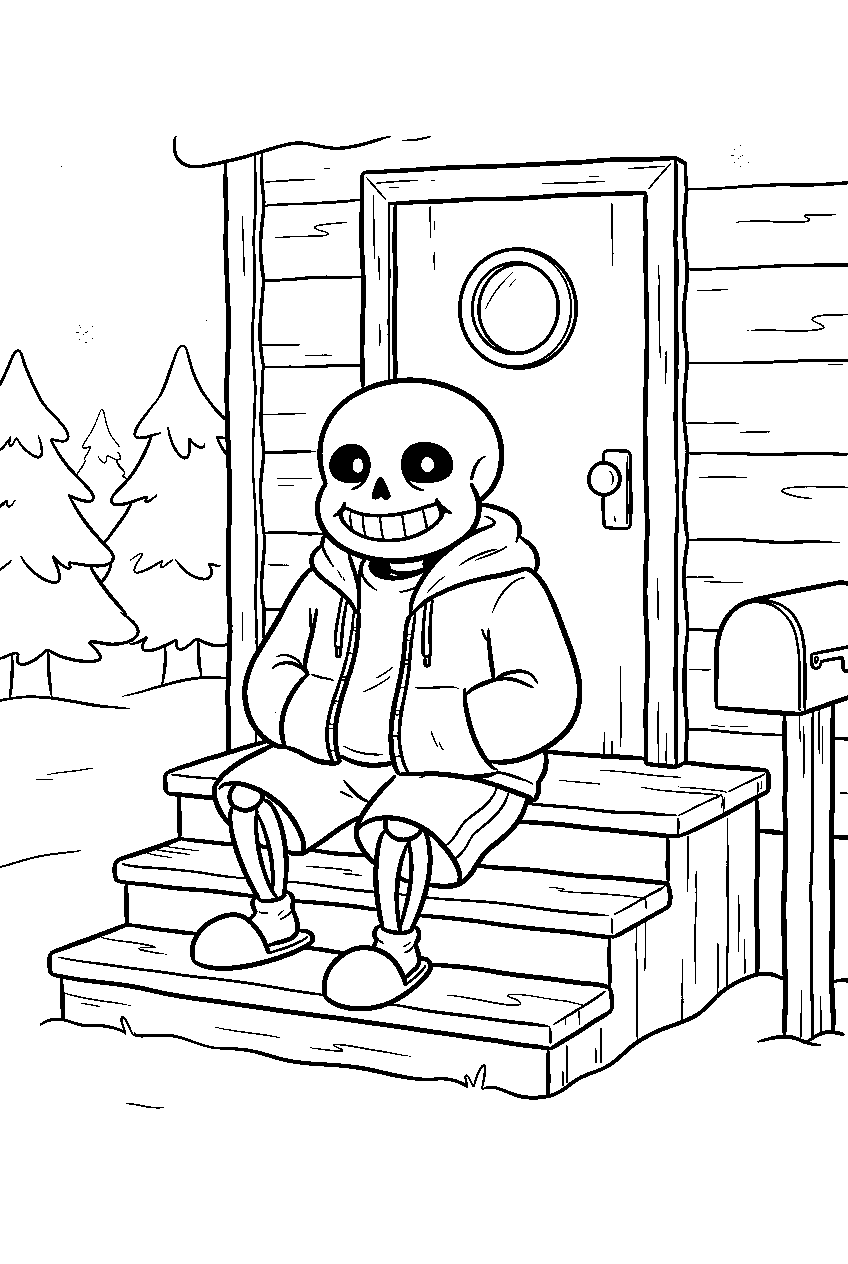 undertale sans sitting on the steps outside his snowdin house line art