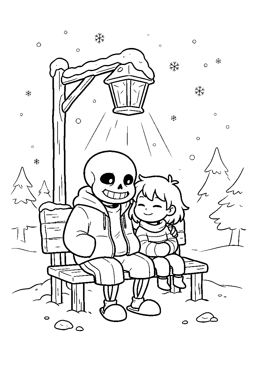 undertale sans sitting with frisk under a snowy lamp line art