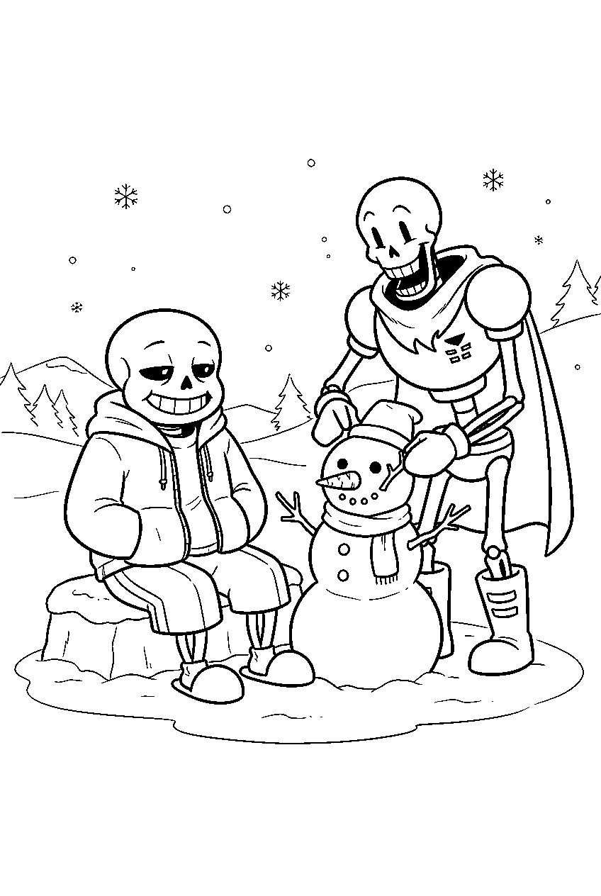 undertale sans sitting with papyrus beside a snowman line art