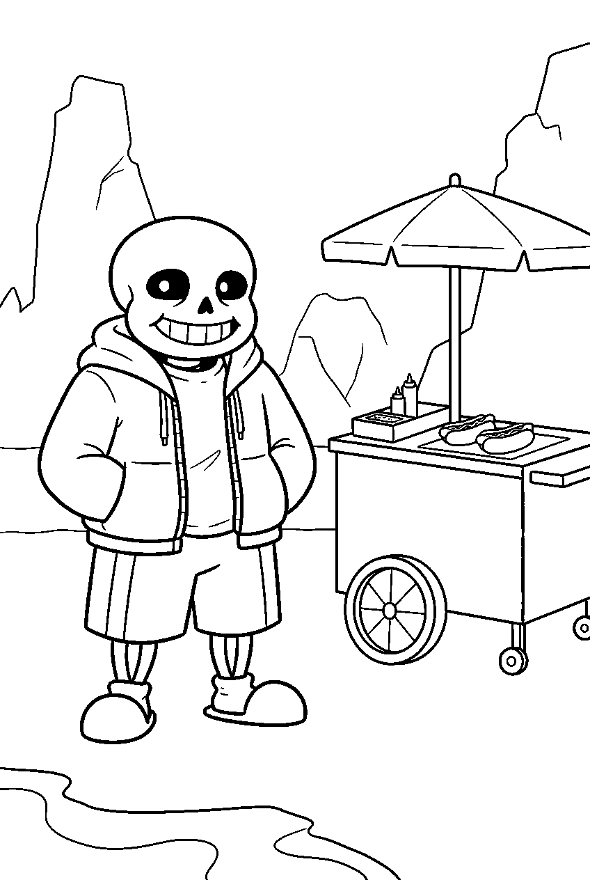 undertale sans standing beside a hot dog cart in hotland line art
