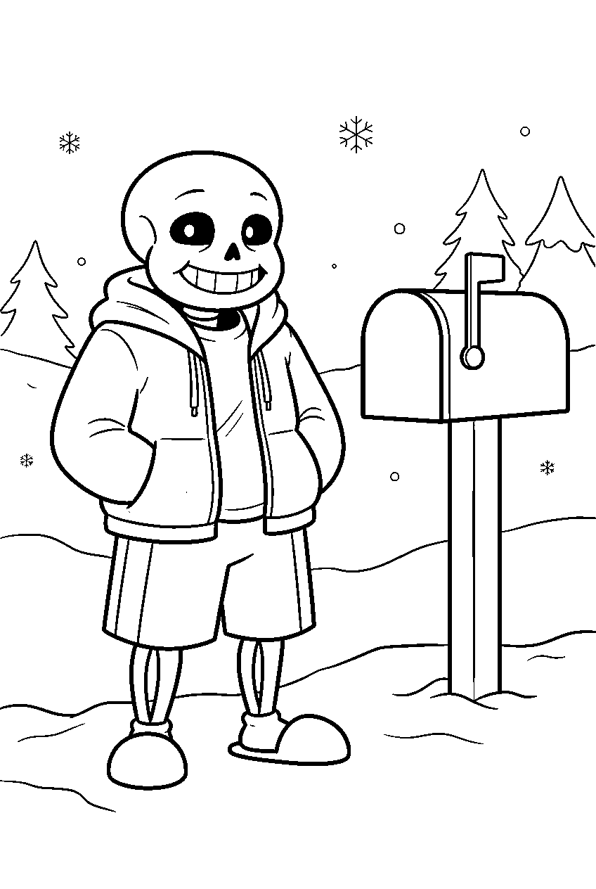 undertale sans standing beside a mailbox in snowdin line art