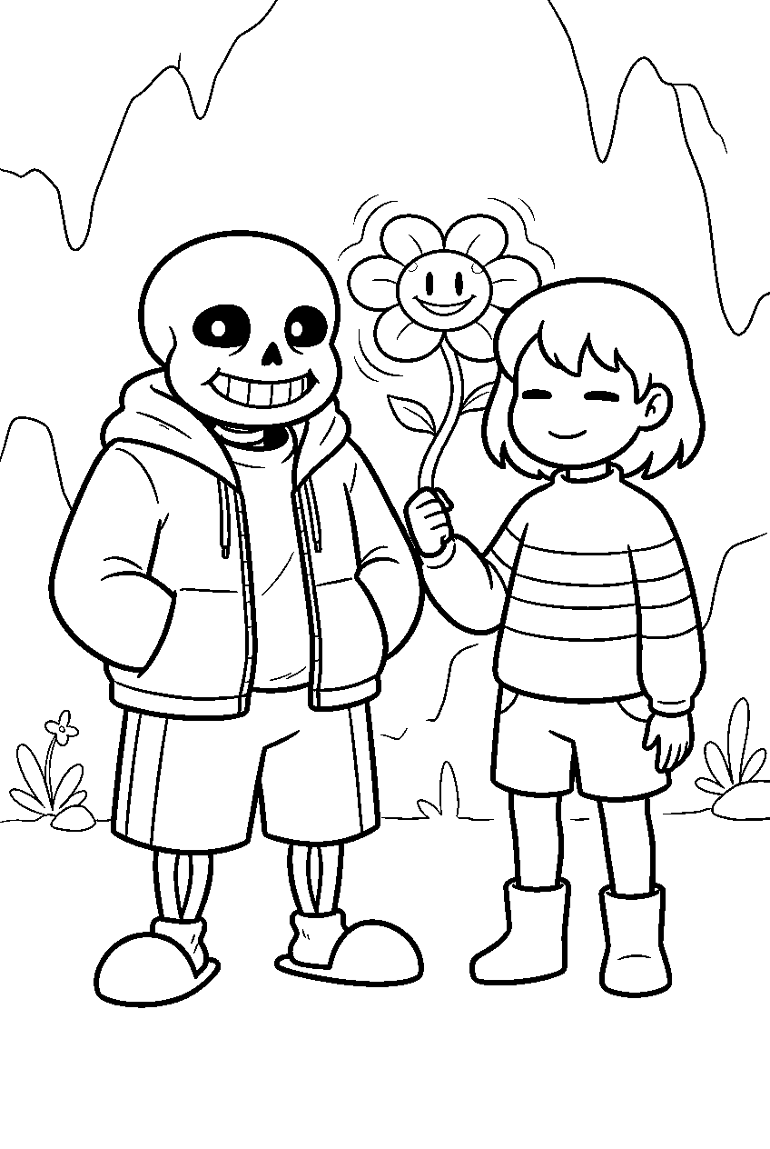 undertale sans standing with frisk beside an echo flower line art