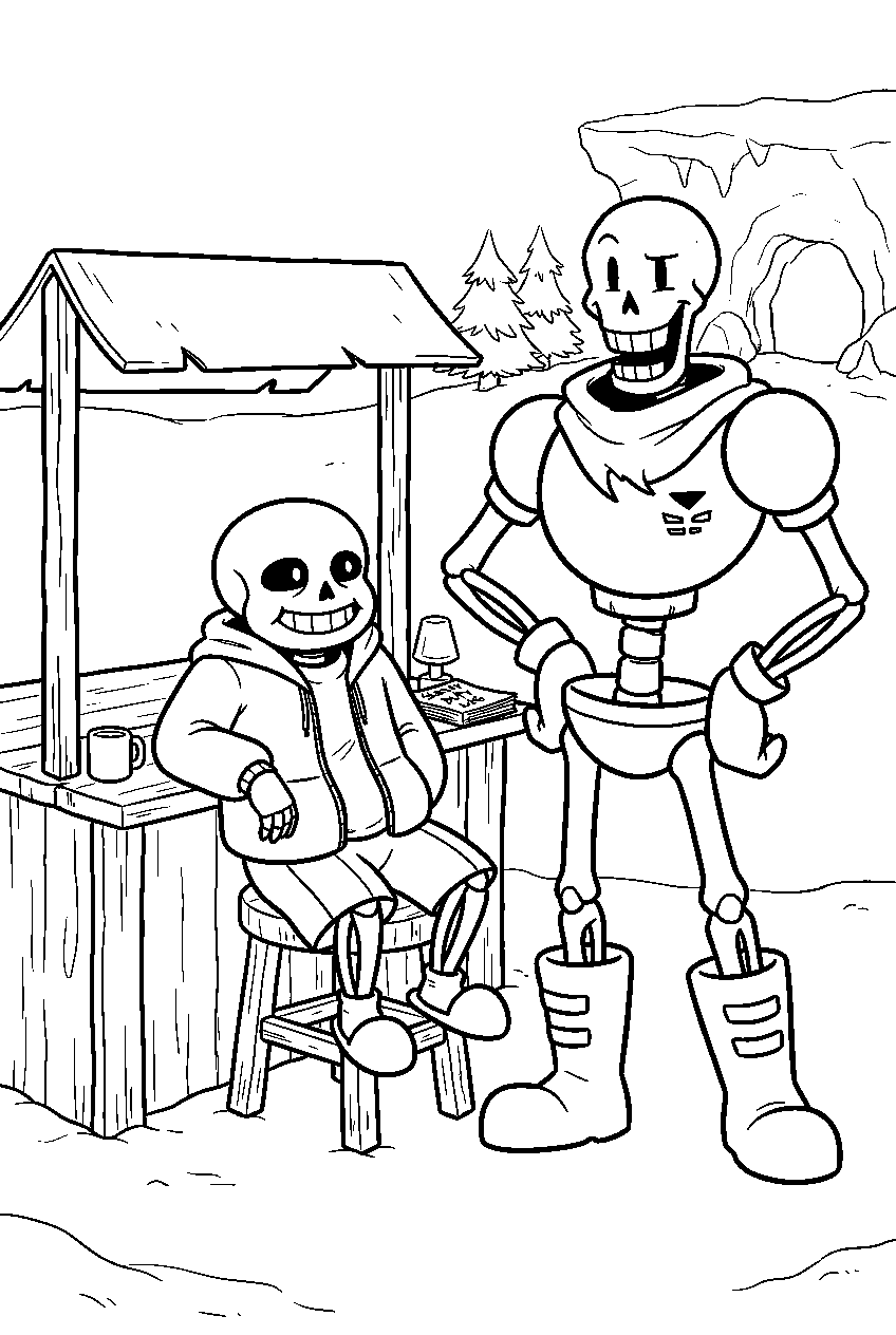undertale sans standing with papyrus at a sentry station line art