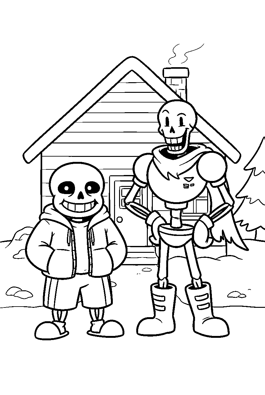 undertale sans standing with papyrus outside their snowdin house line art