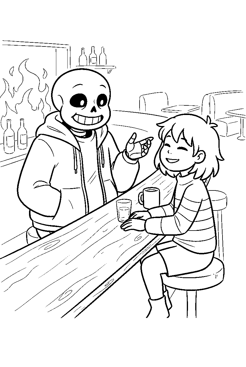 undertale sans talking with frisk at grillby s line art