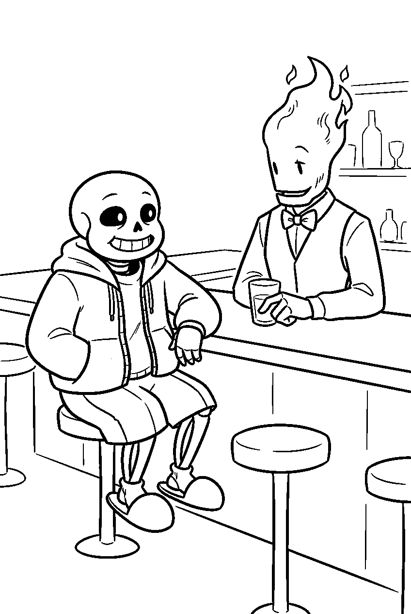 undertale sans talking with grillby at the counter line art