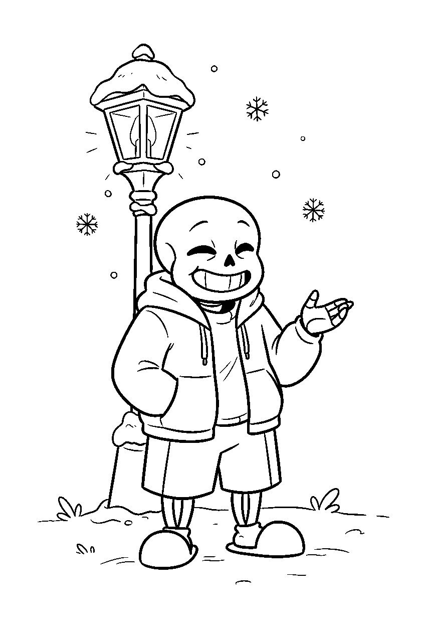 undertale sans telling a joke under a snowy lamp line art