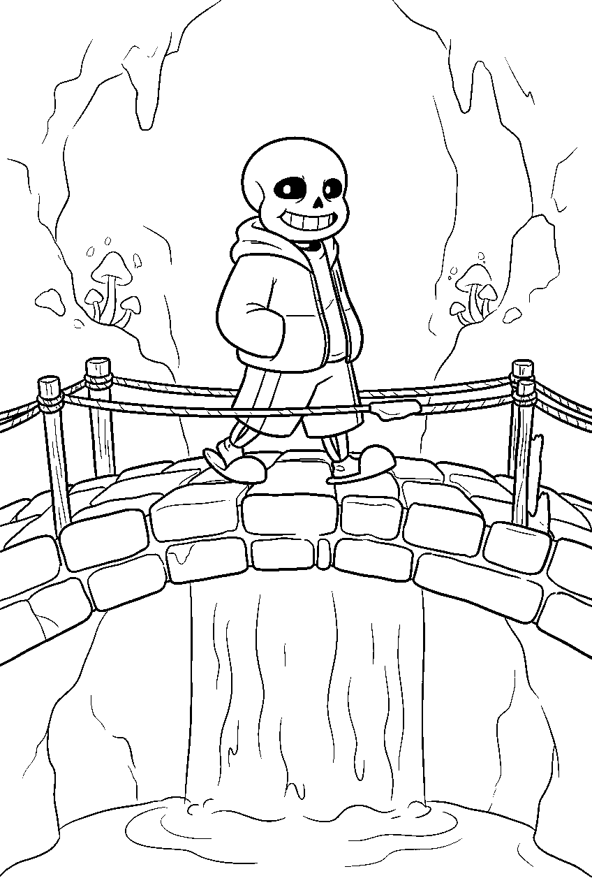 undertale sans walking across a waterfall bridge line art
