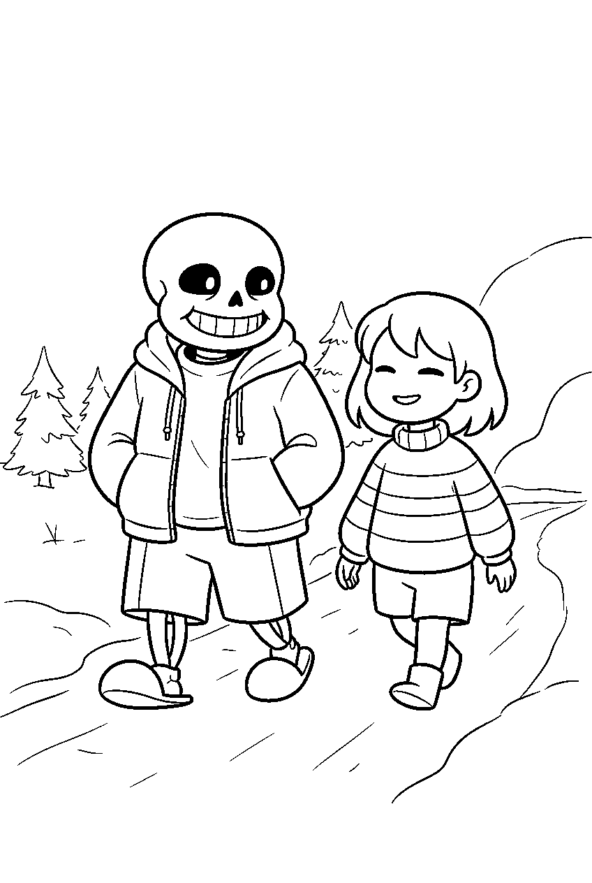undertale sans walking with frisk on a snowy path line art