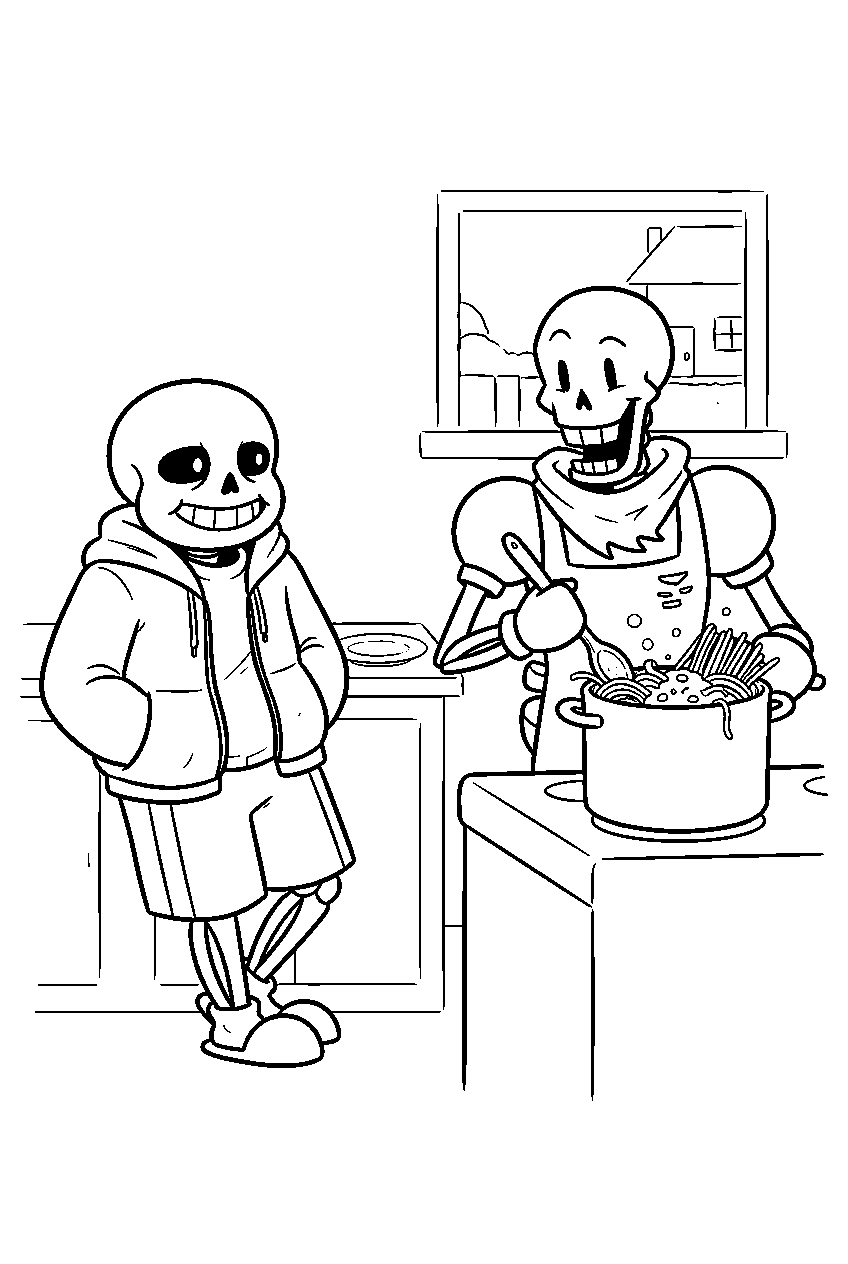 undertale sans watching papyrus cook spaghetti line art