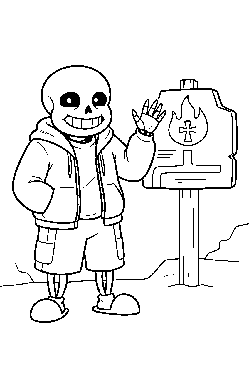 undertale sans waving beside a hotland sign line art