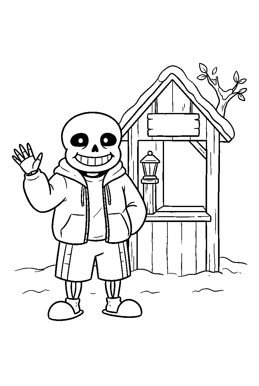 undertale sans waving beside a sentry station line art