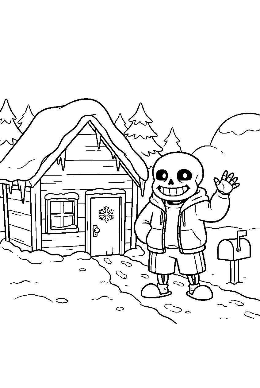 undertale sans waving outside his snowdin house line art