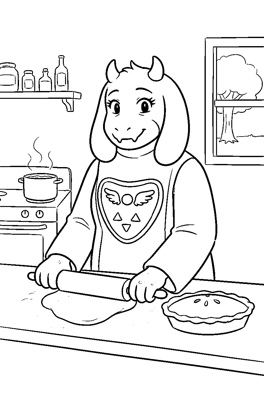 undertale toriel baking a pie in the kitchen line art