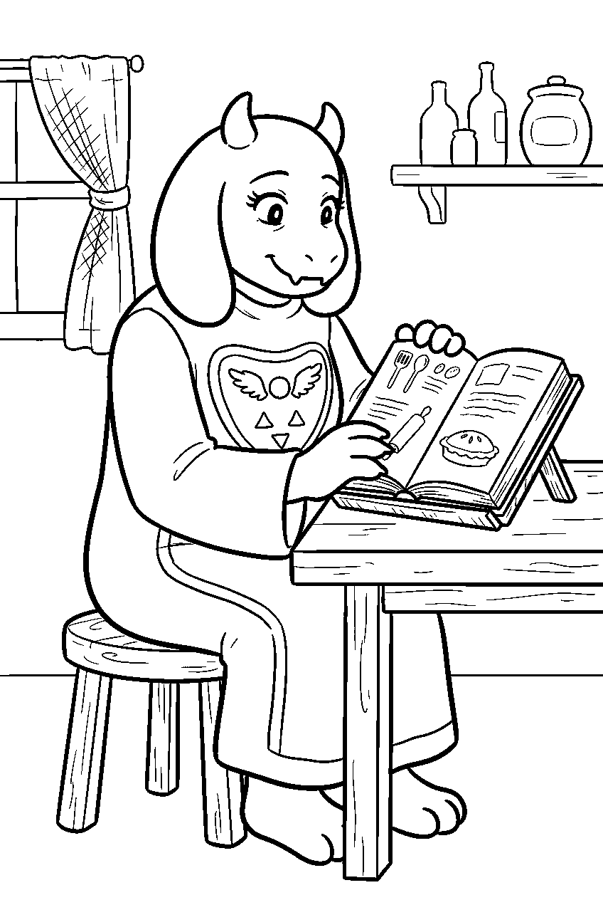 undertale toriel checking a recipe book at home line art