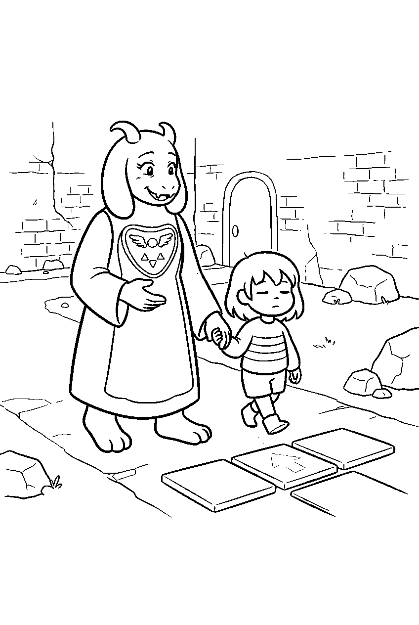 undertale toriel guiding frisk past a ruins puzzle line art